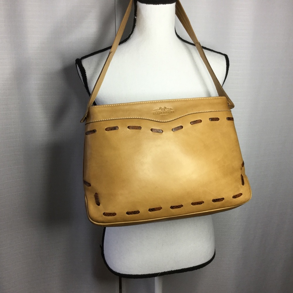 TRAMONTANO Napoli Tan Leather Tote Purse Italy EUC